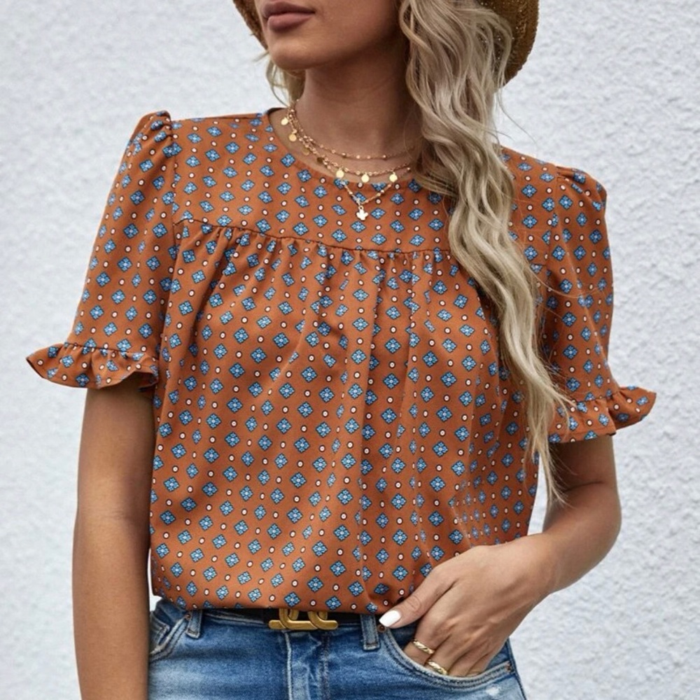 SHEIN rust color blouse blue detail size large never worn